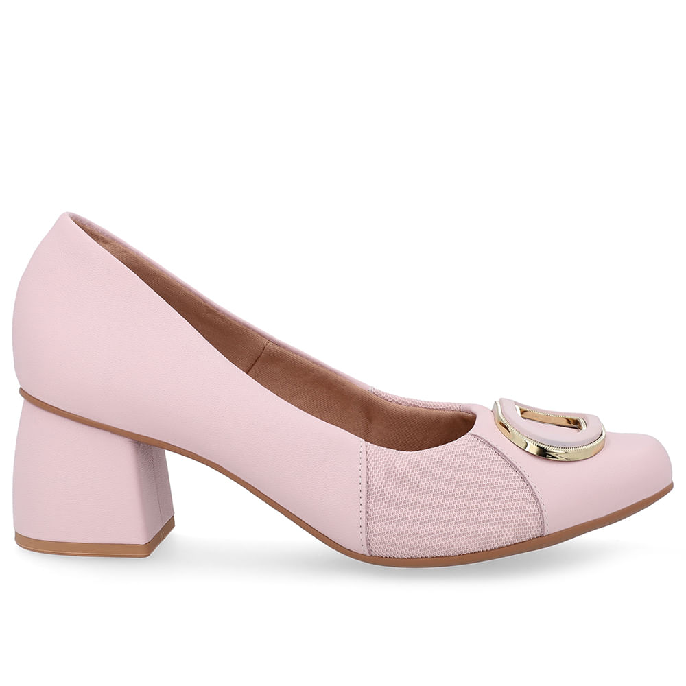 Scarpin Rosa Bico Quadrado Couro Lateral Tecido