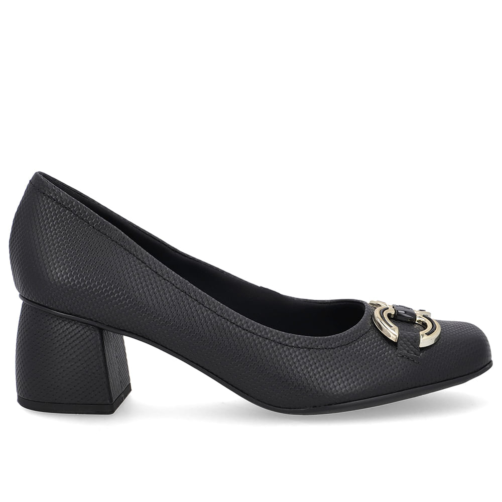 Scarpin Preto Bico Quadrado Couro Enfeite
