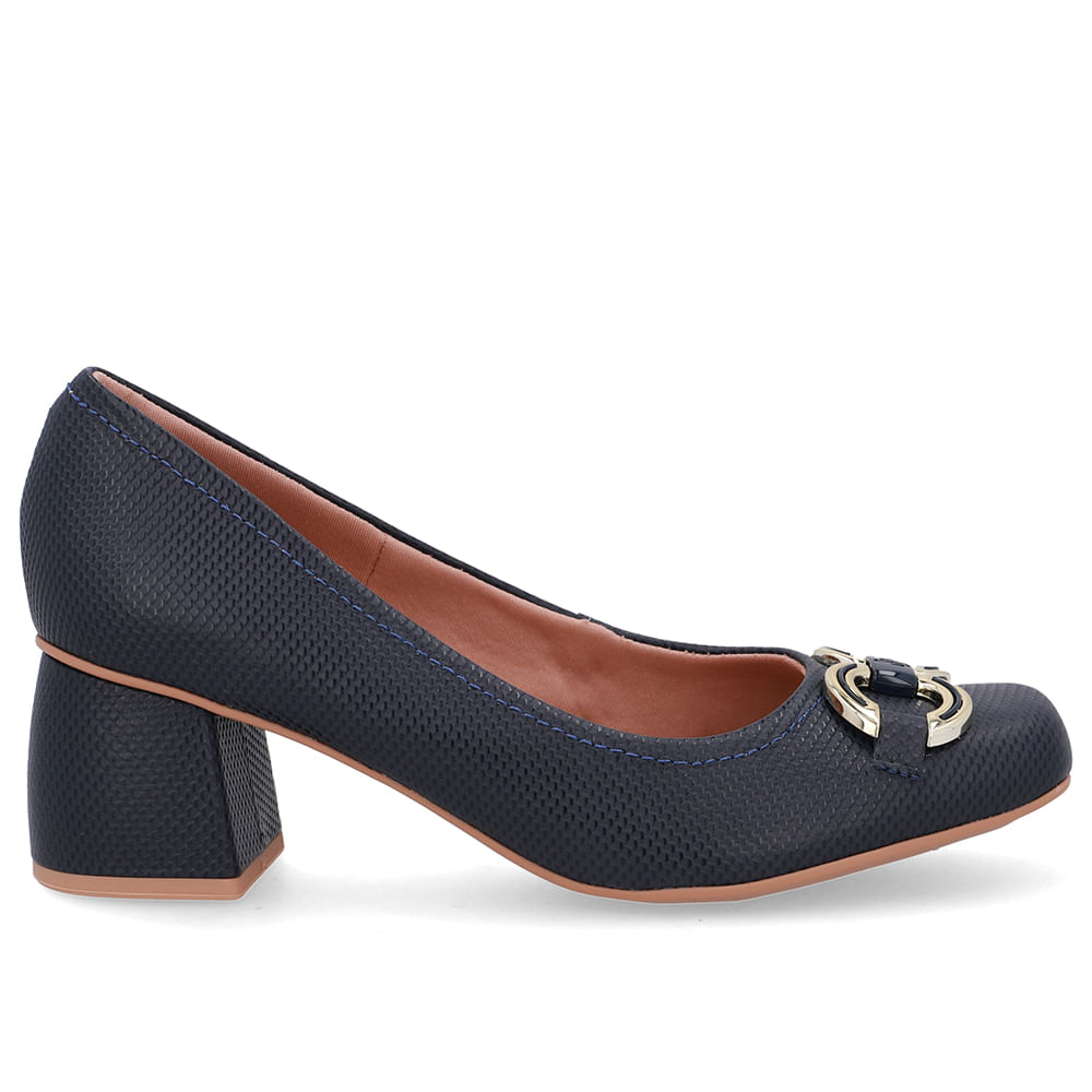 Scarpin Azul Bico Quadrado Couro Enfeite