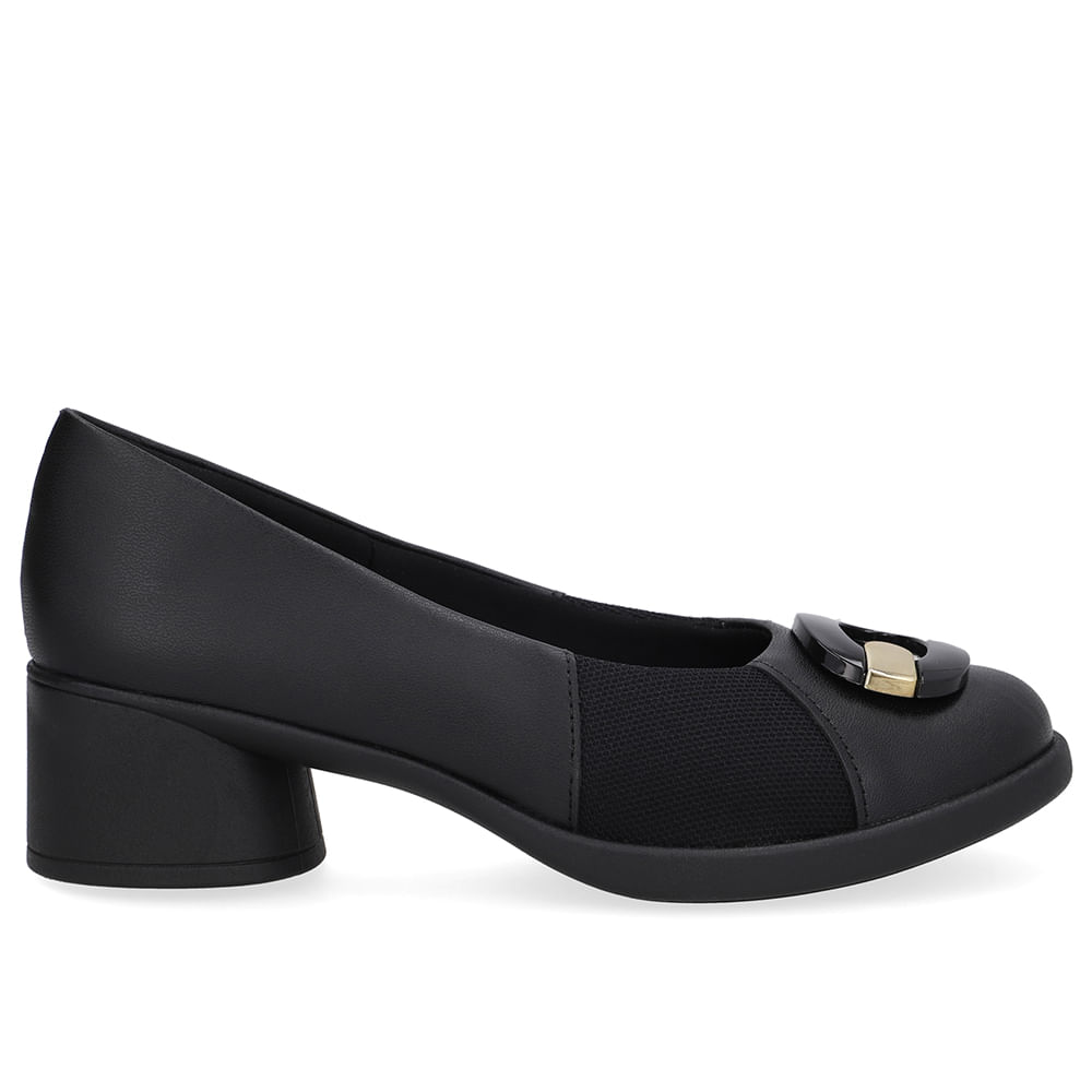 Scarpin Preto Couro Lateral Tecido Enfeite