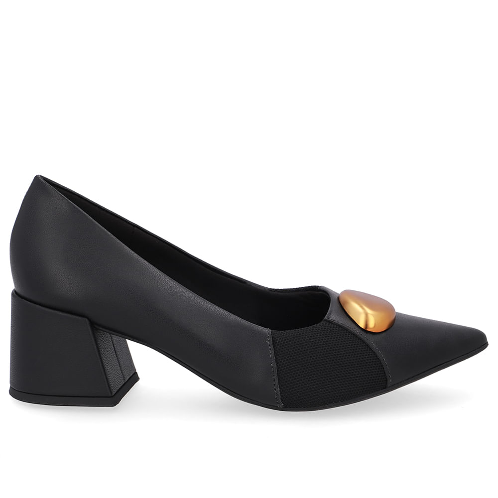 Scarpin Couro Preto Bico Fino Lateral Tecido