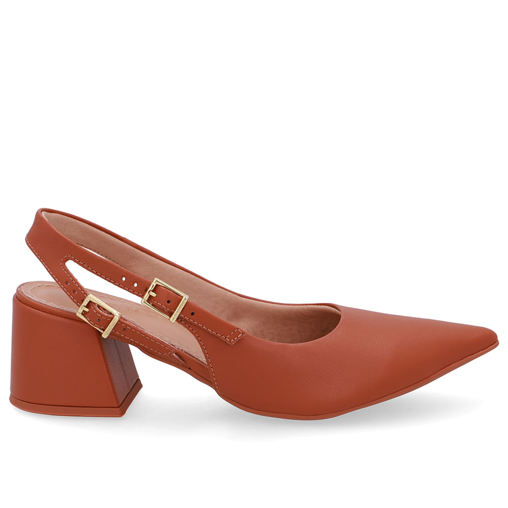 Slingback Marrom Salto Bloco Couro Tira Dupla Lateral