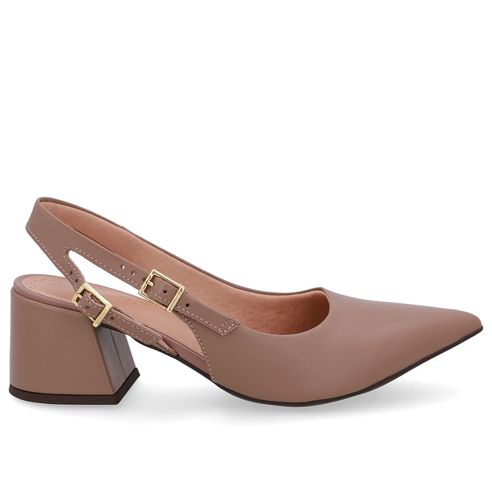 Slingback Marrom Salto Bloco Couro Tira Dupla Lateral