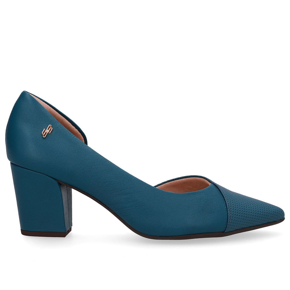 Scarpin Couro Azul Bico Fino Recorte Lateral