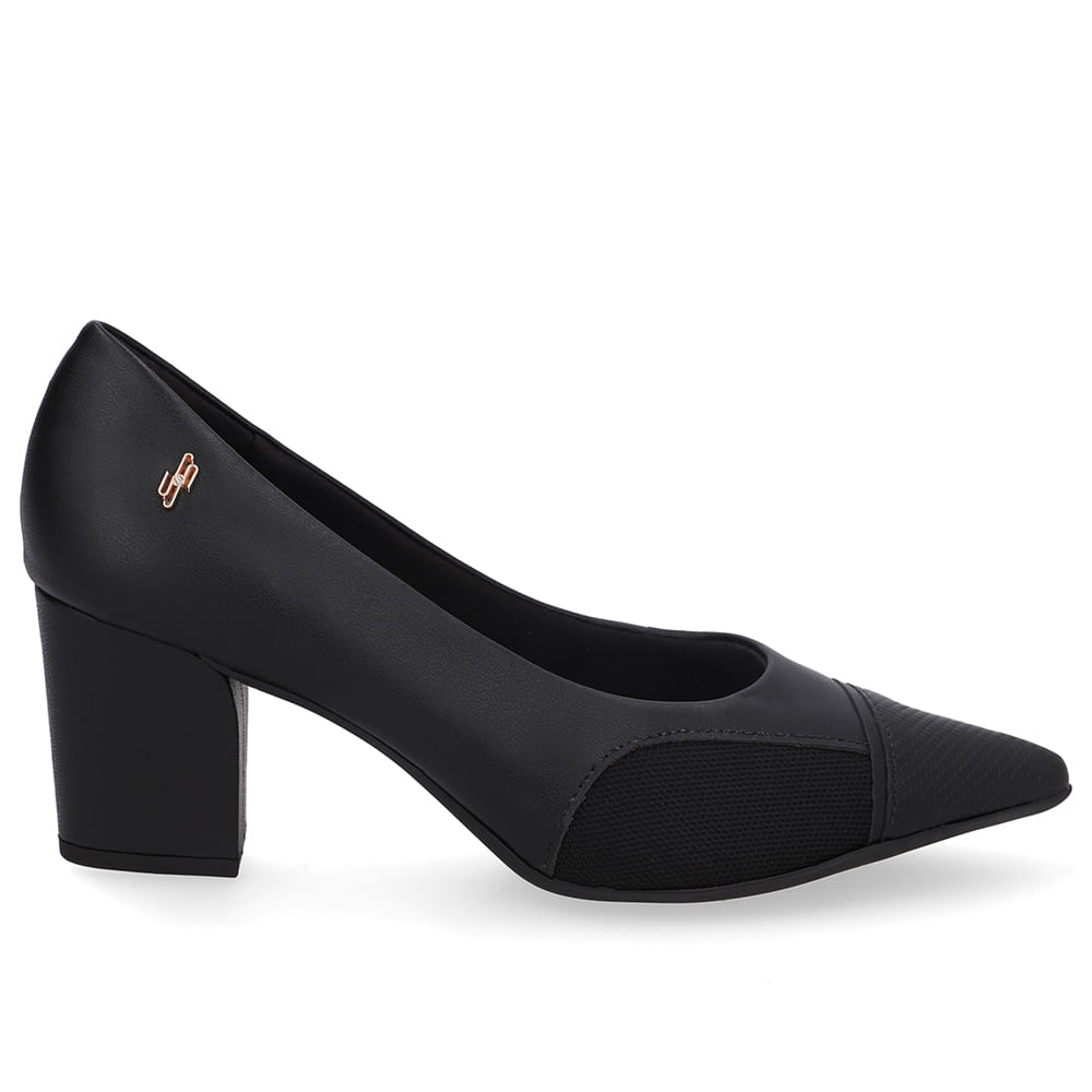Scarpin Couro Preto Lateral Tecido