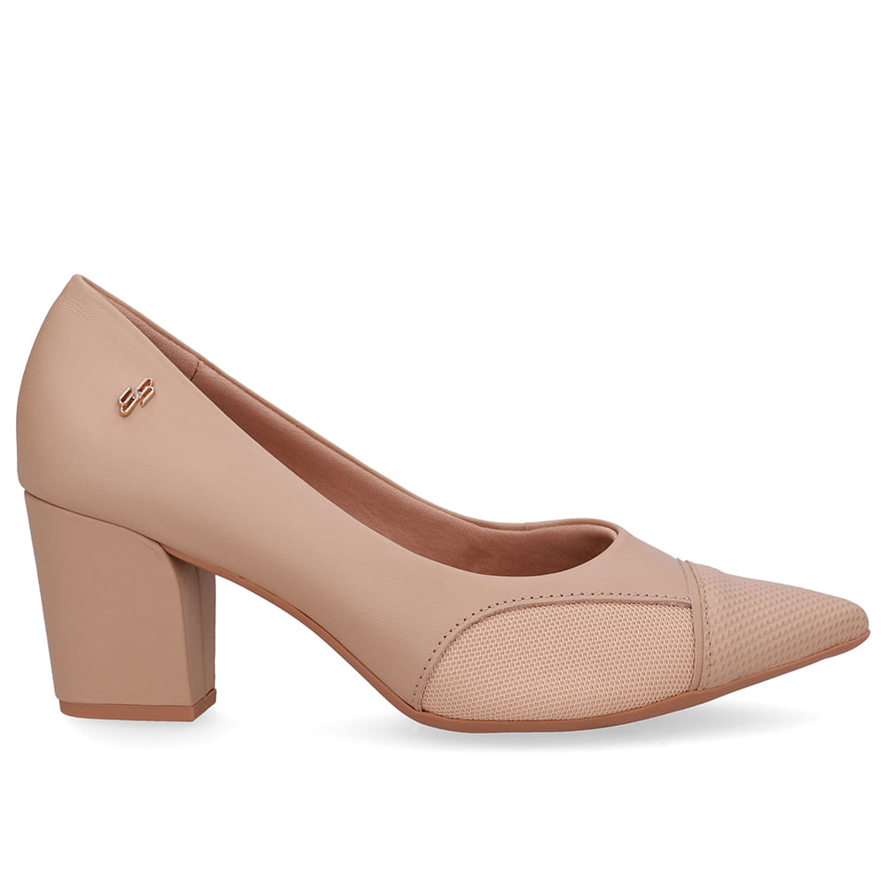 Scarpin Couro Bege Lateral Tecido