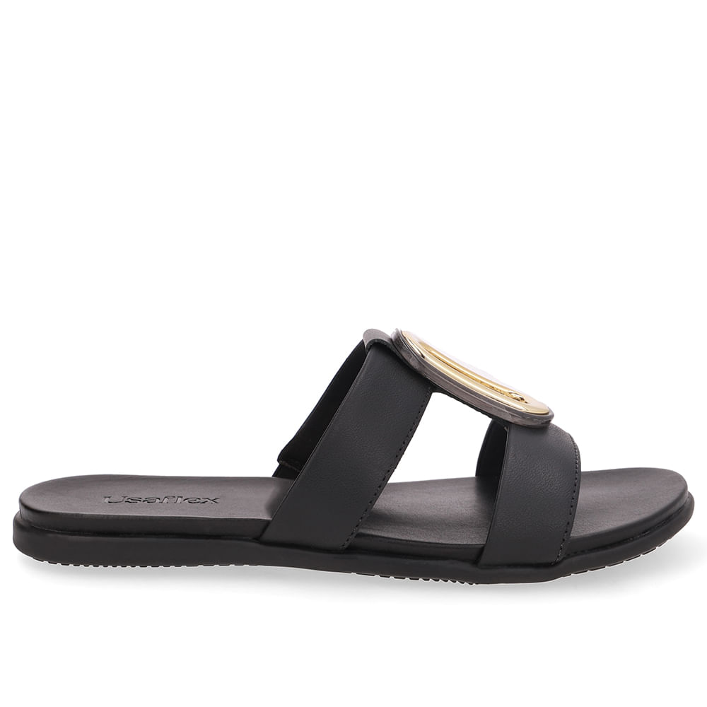Slide Bico Redondo Couro Preto Enfeite