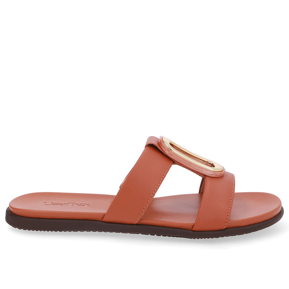Slide Bico Redondo Couro Marrom Enfeite