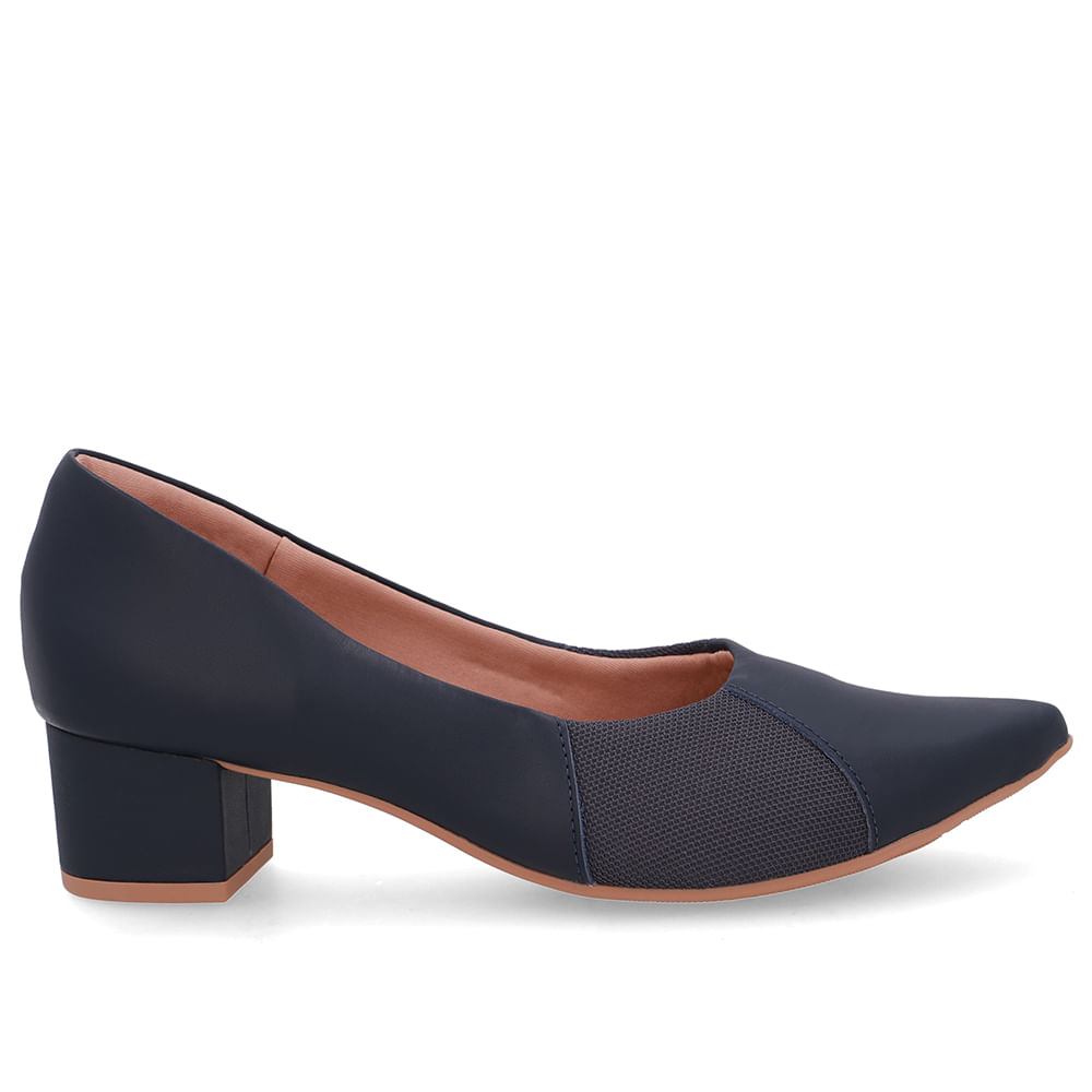 Scarpin Couro Azul Bico Fino Lateral Tecido
