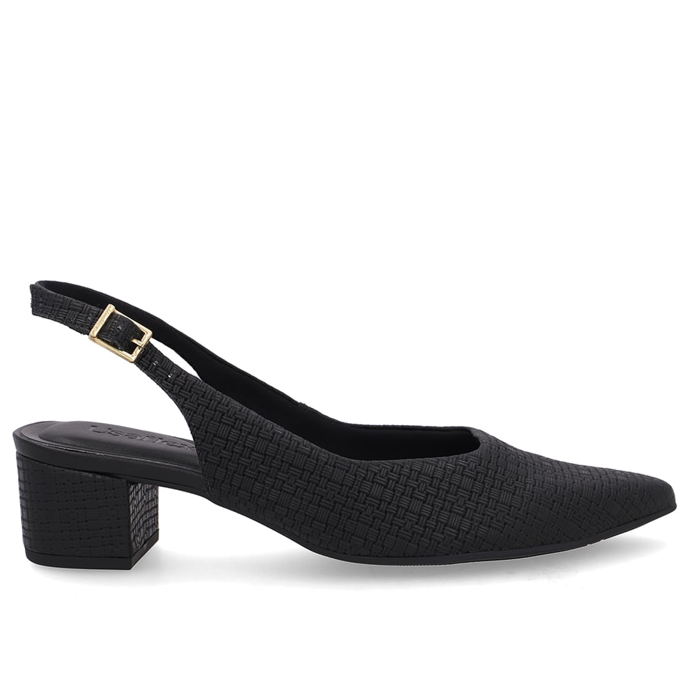 Slingback Preto Couro Bico Fino Casual