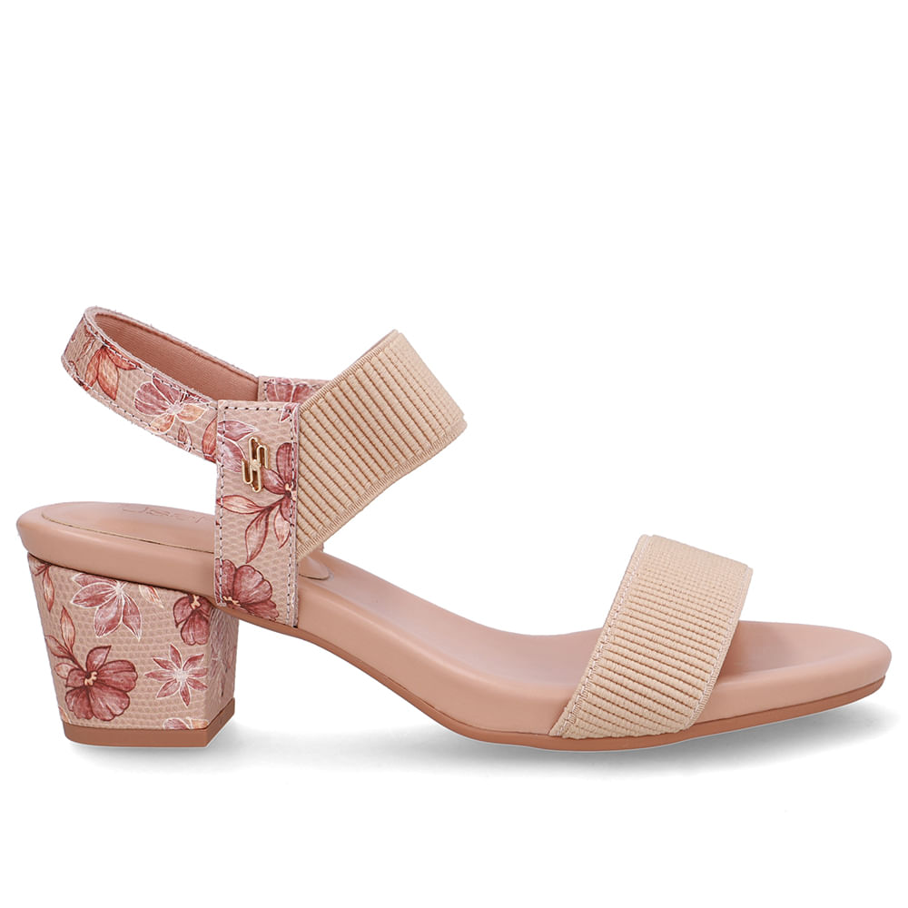 Sandália Salto Bloco Couro Floral Elástico