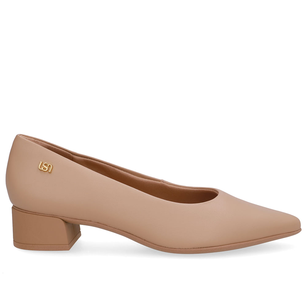 Scarpin Bege Salto Bloco Couro Bico Fino