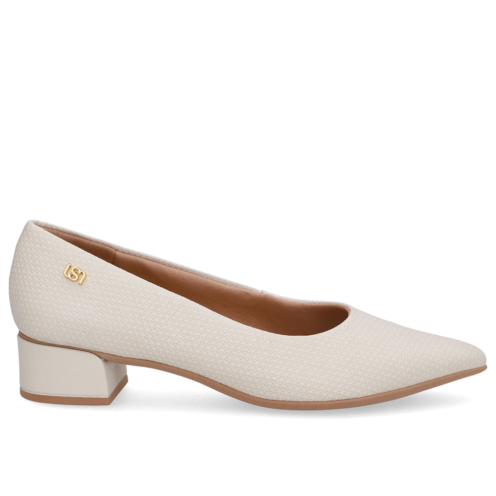 Scarpin Branco Marfim Salto Bloco Couro Bico Fino