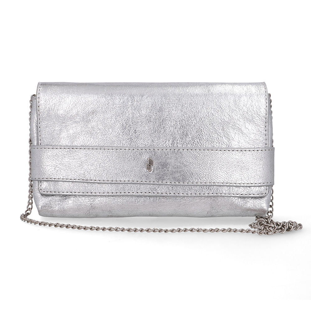 Bolsa Clutch Couro Metalizado Prata