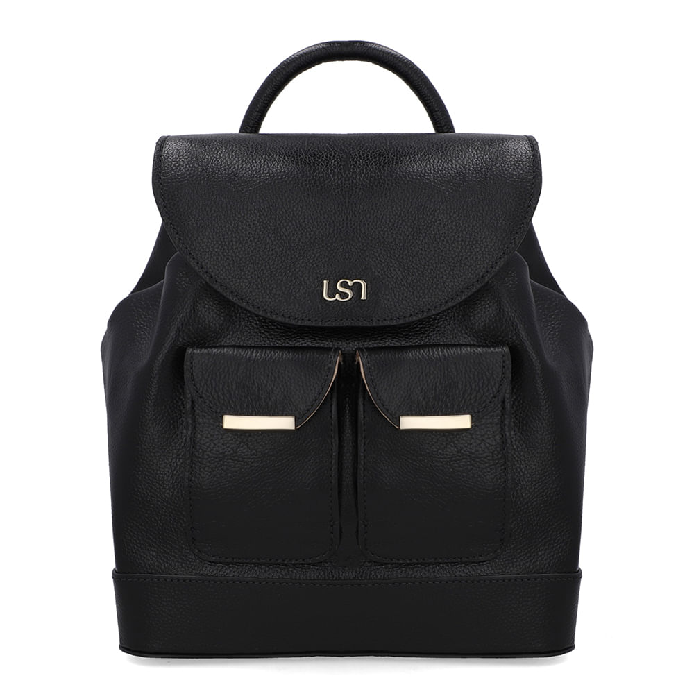 Mochila Couro Preta Bolso Frontal