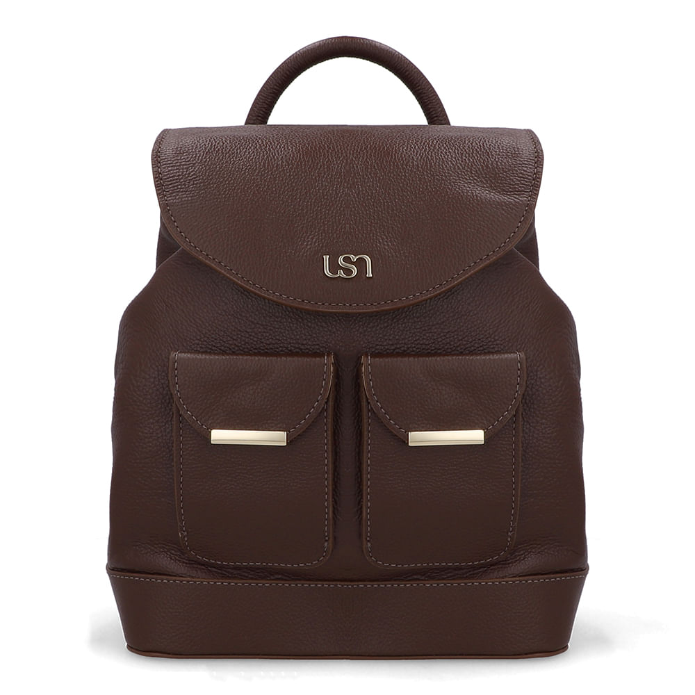 Mochila Couro Marrom Bolso Frontal