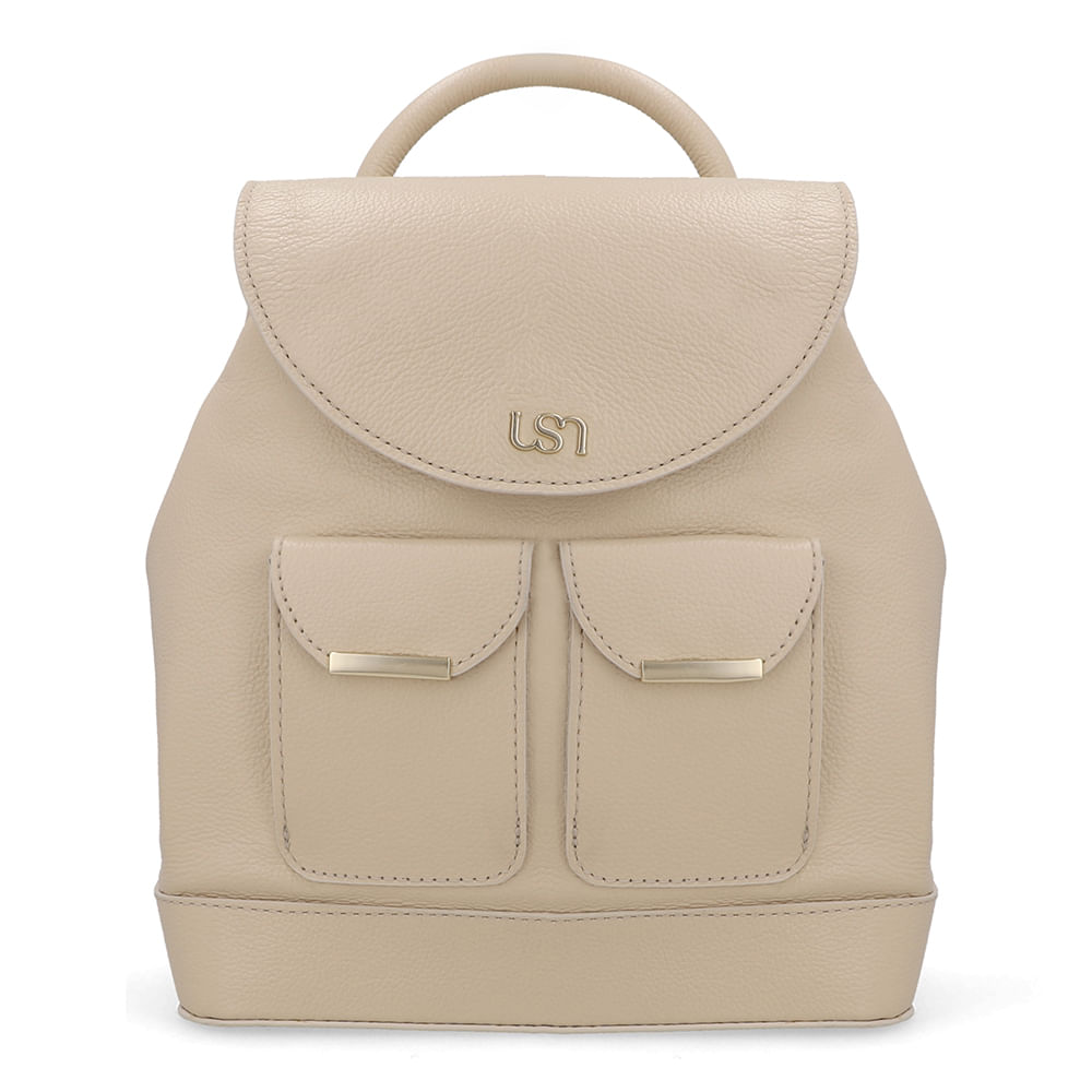 Mochila Couro Bege Bolso Frontal