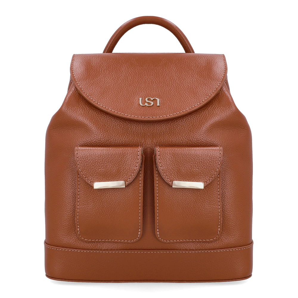 Mochila Couro Marrom Bolso Frontal