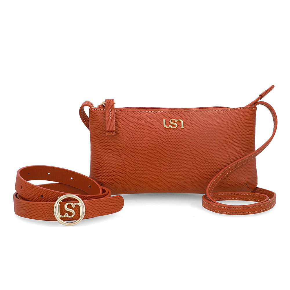 Kit Bolsa Tiracolo Cinto Couro Marrom