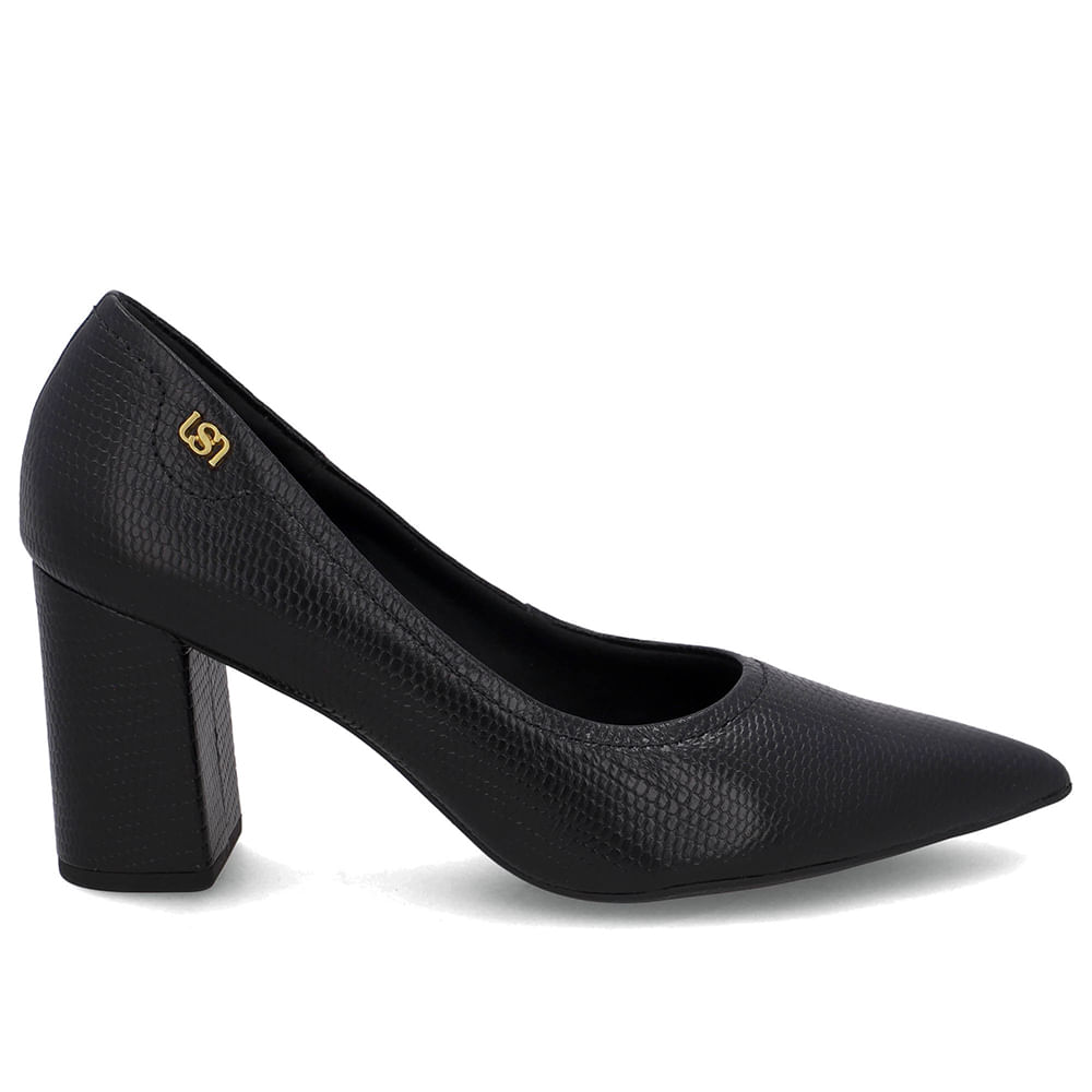 Scarpin Preto Salto Bloco Couro Bico Fino