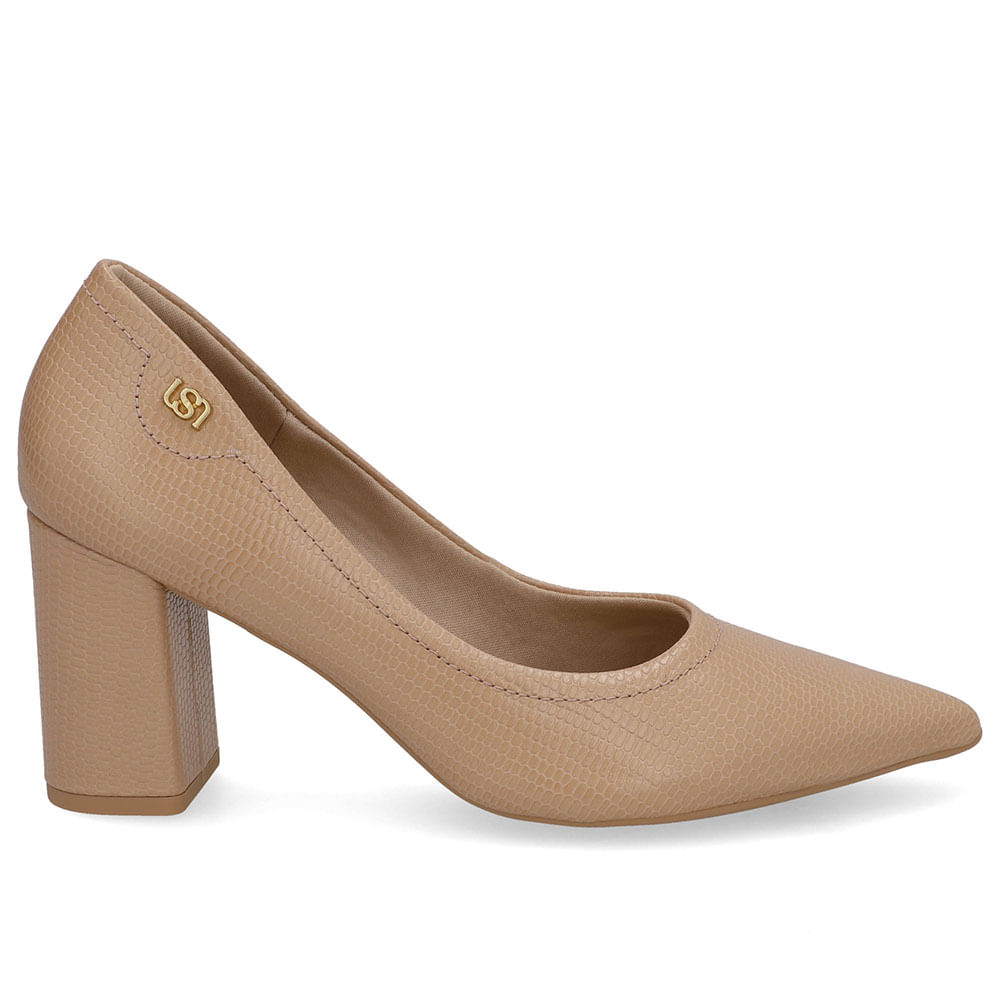 Scarpin Bege Salto Bloco Couro Bico Fino