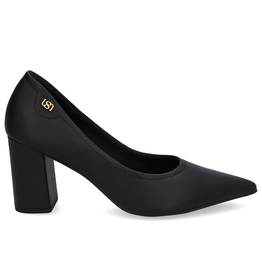 Scarpin Preto Salto Bloco Couro Bico Fino
