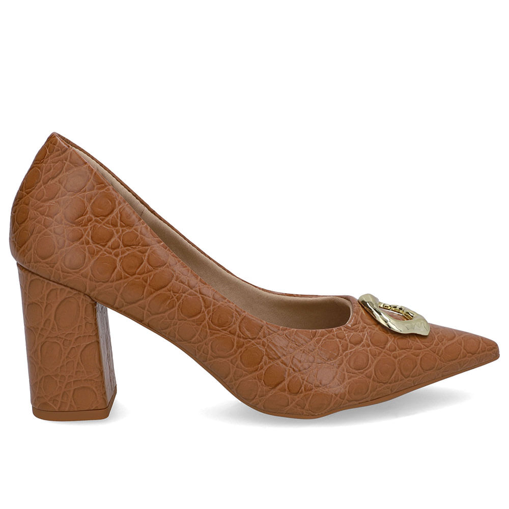 Scarpin Marrom Couro Croco Bico Fino
