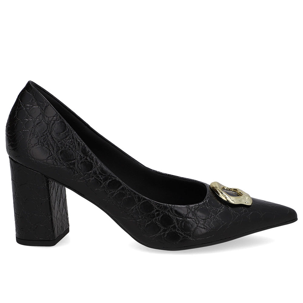 Scarpin Preto Couro Croco Bico Fino