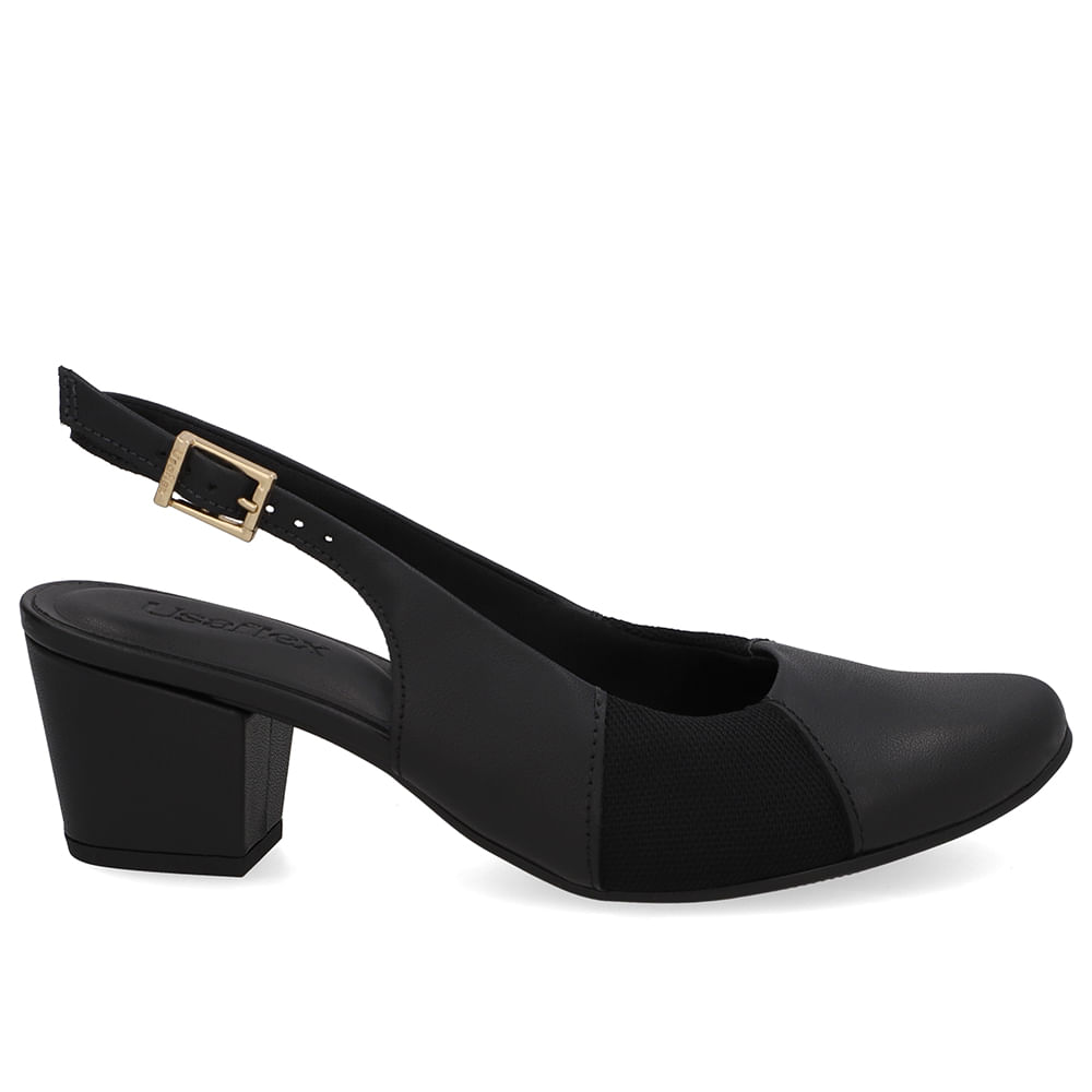 Slingback Couro Preto Salto Bloco Lateral Tecido