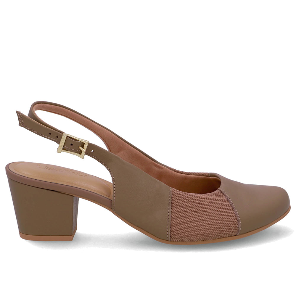 Slingback Couro Marrom Salto Bloco Lateral Tecido