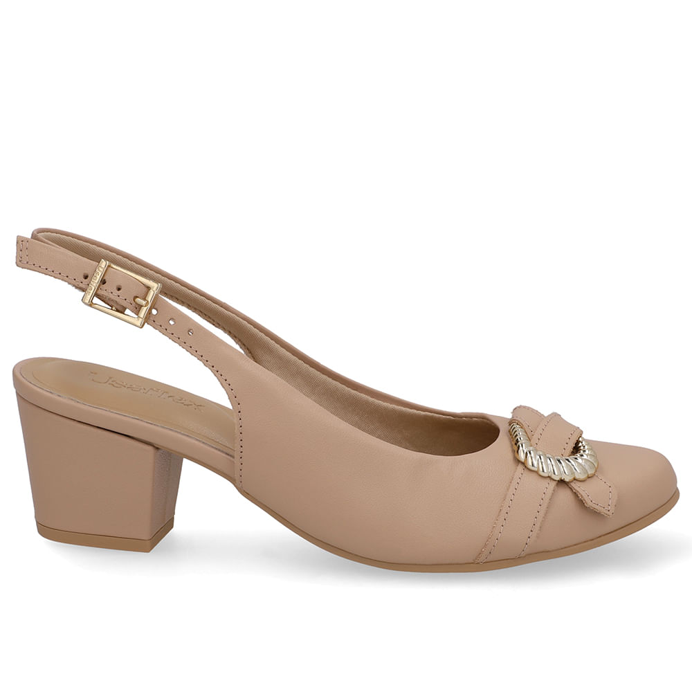 Slingback Couro Bege Salto Bloco Enfeite