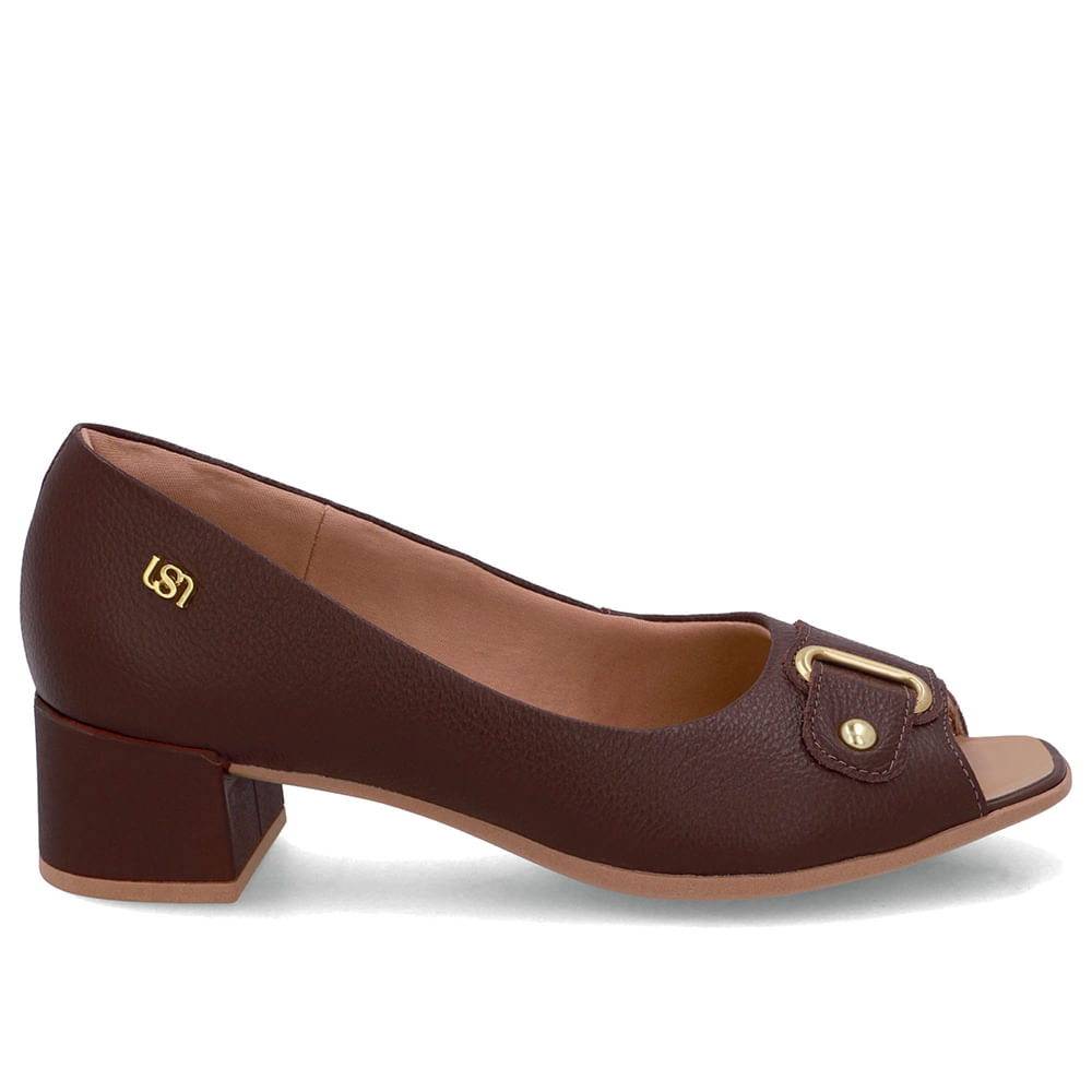 Peep Toe Salto Bloco Marrom Pinhão Bico Quadrado
