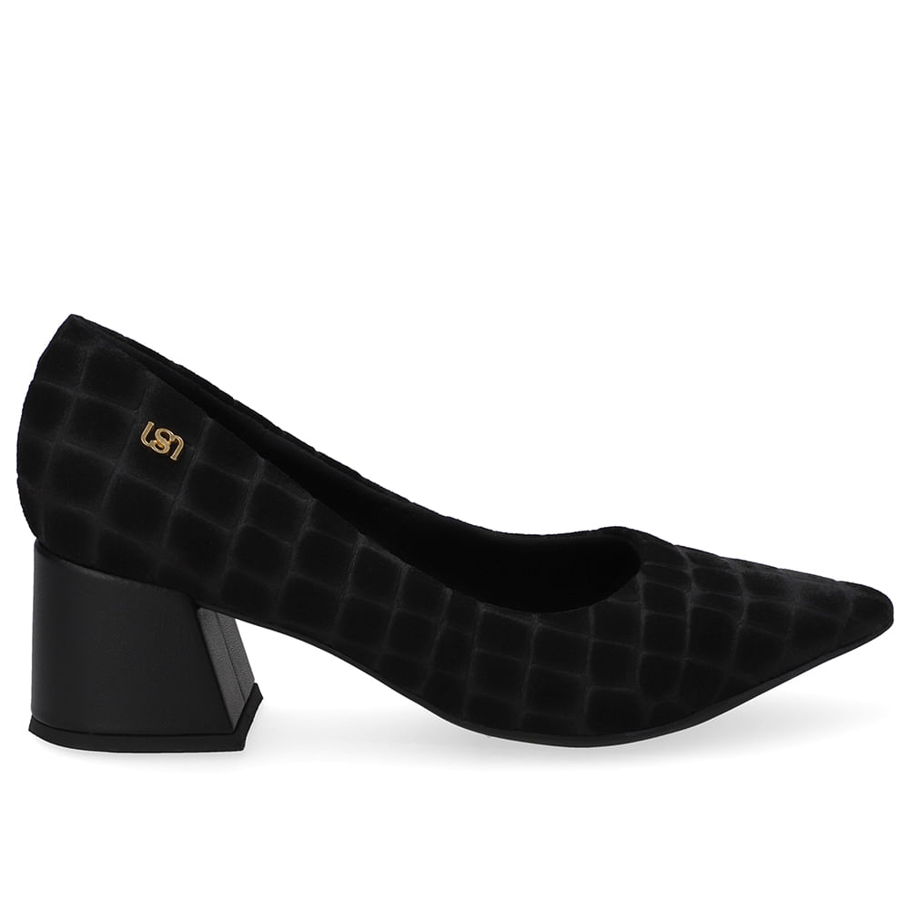 Scarpin Preto Bico Fino Croco Camurça