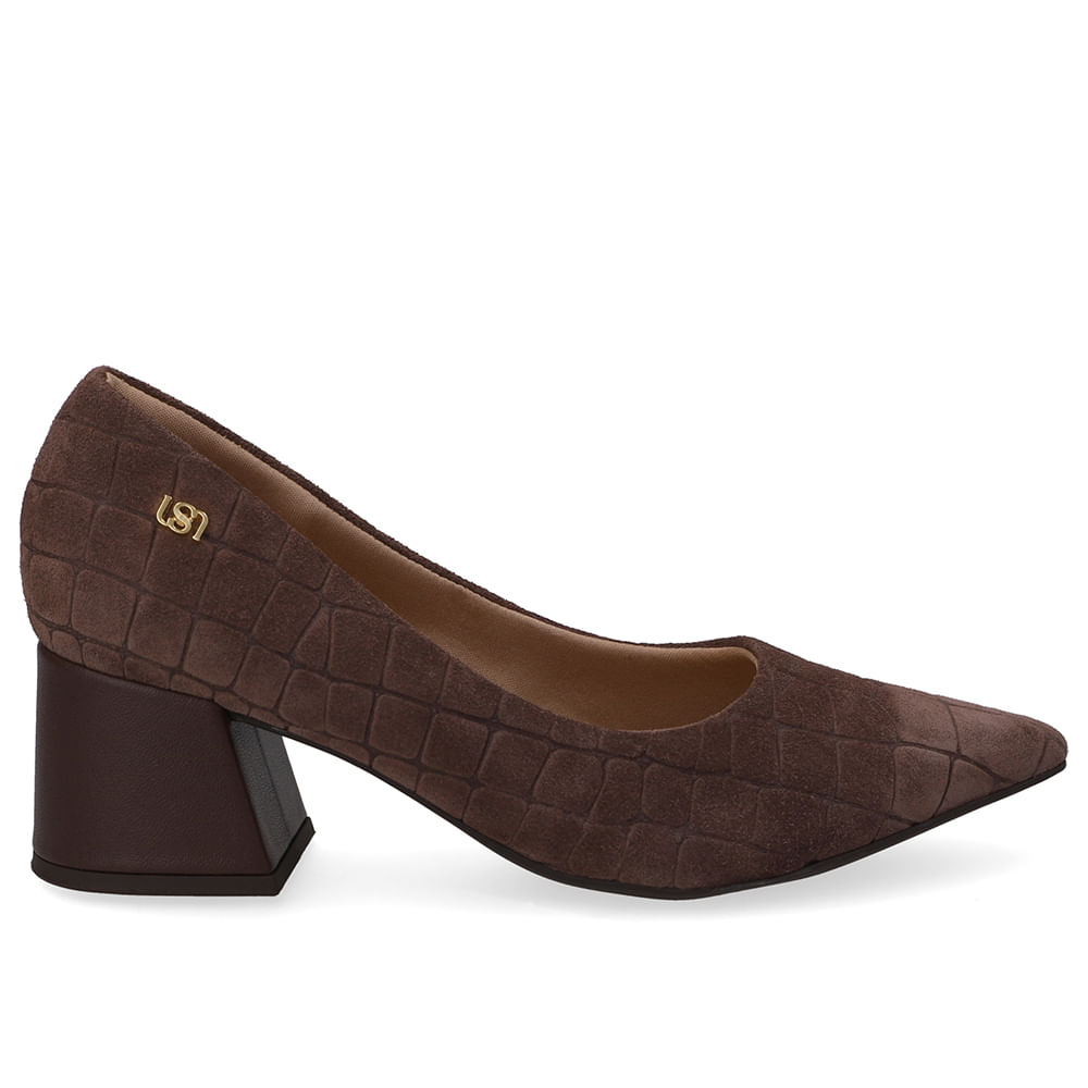 Scarpin Marrom Bico Fino Croco Camurça