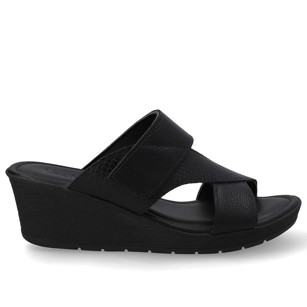 Tamanco Anabela Couro Preto Ajuste Fecho-Flex