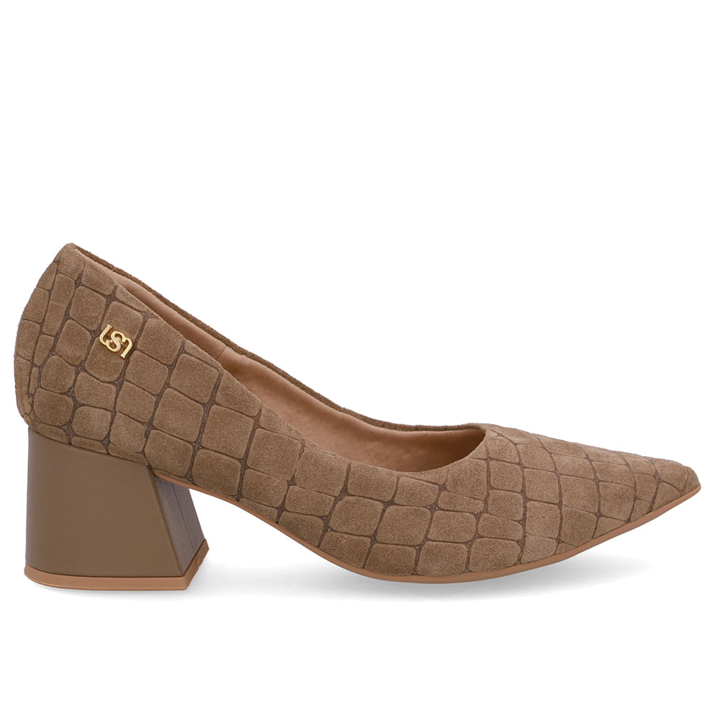 Scarpin Marrom Bico Fino Croco Camurça
