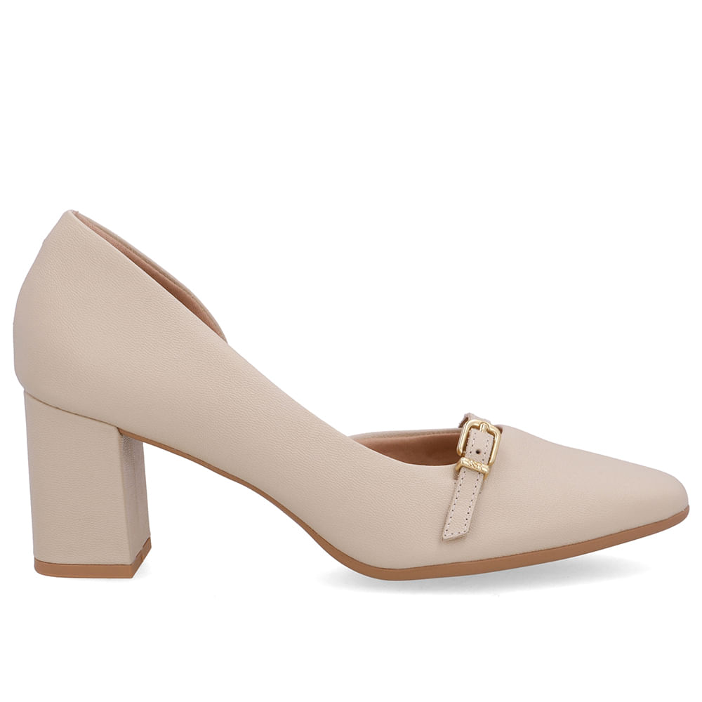 Scarpin Bege Bico Redondo Couro Tira Enfeite