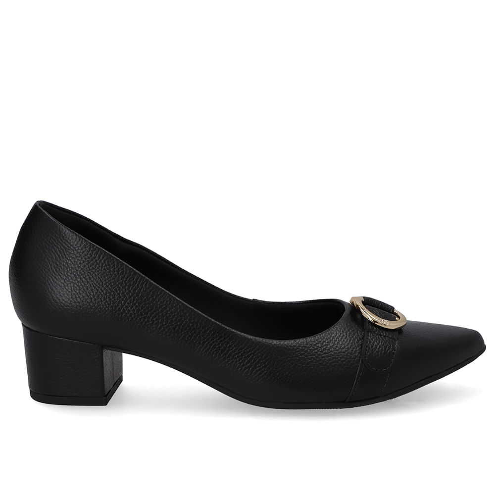 Scarpin Couro Preto Salto Bloco Bico Fino