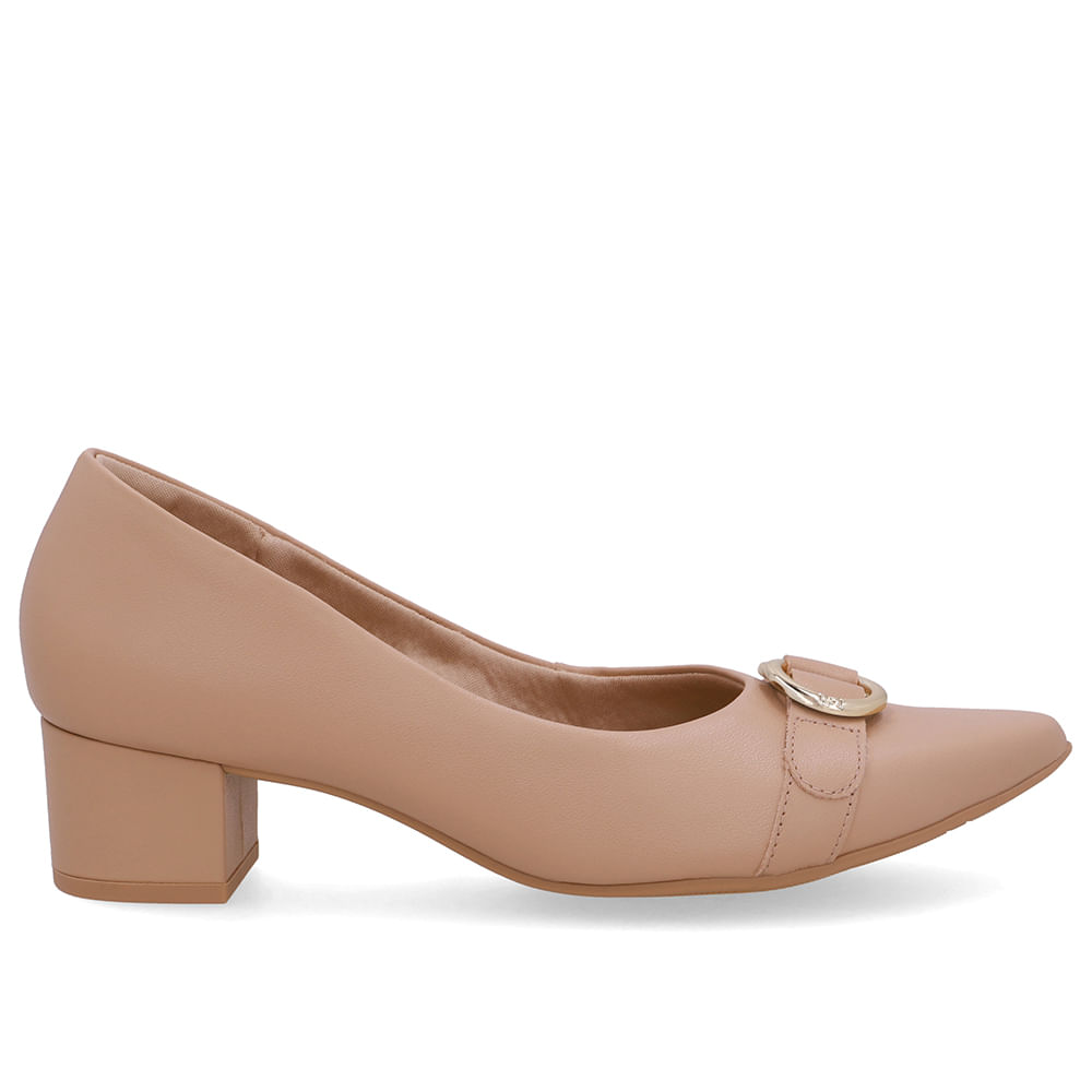 Scarpin Couro Bege Salto Bloco Bico Fino