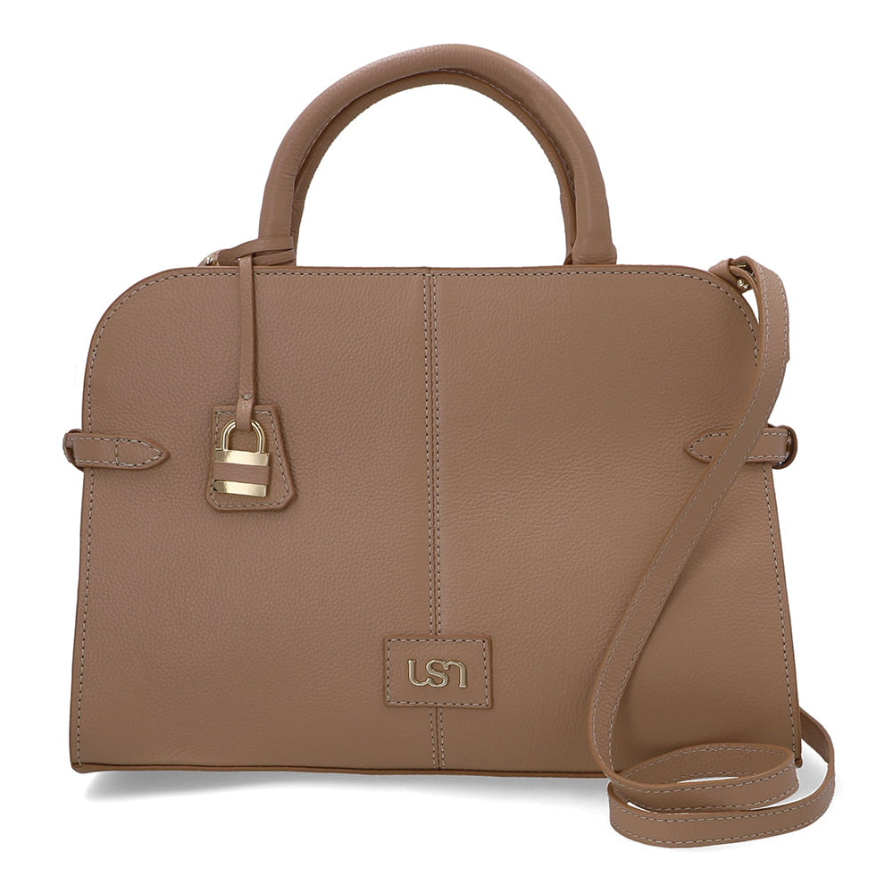 Bolsa Tote Couro Bege Costura Enfeite