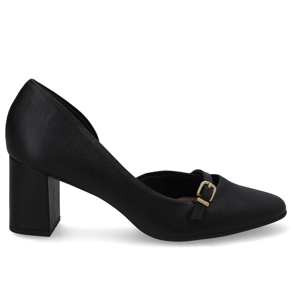 Scarpin Preto Bico Redondo Couro Tira Enfeite