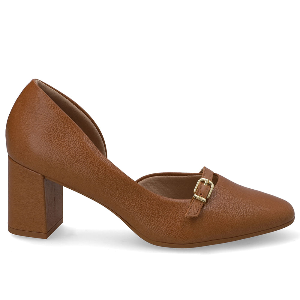 Scarpin Marrom Bico Redondo Couro Tira Enfeite