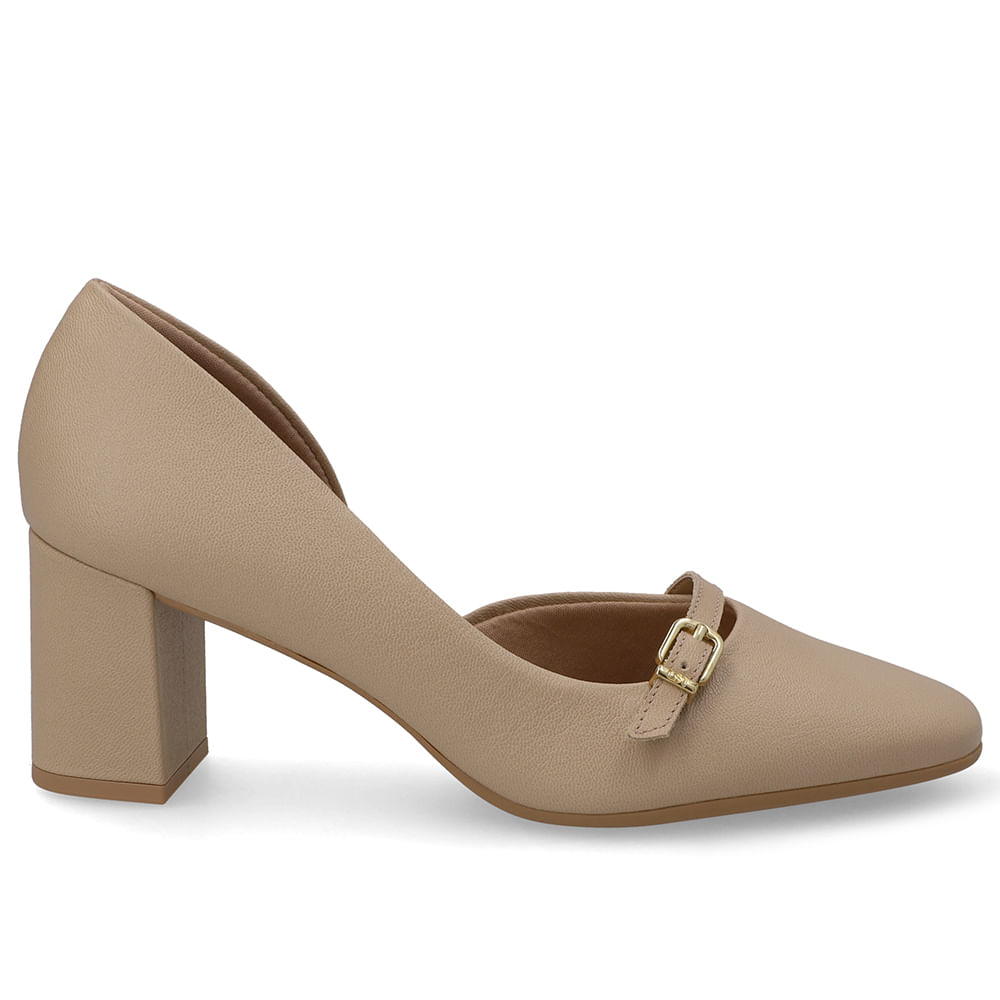 Scarpin Bege Bico Redondo Couro Tira Enfeite