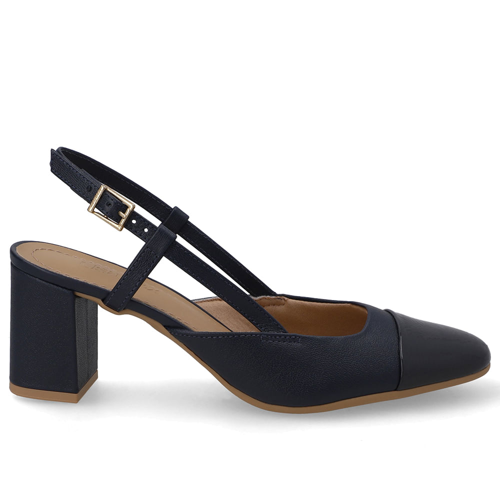 Slingback Couro Azul Bico Redondo Verniz