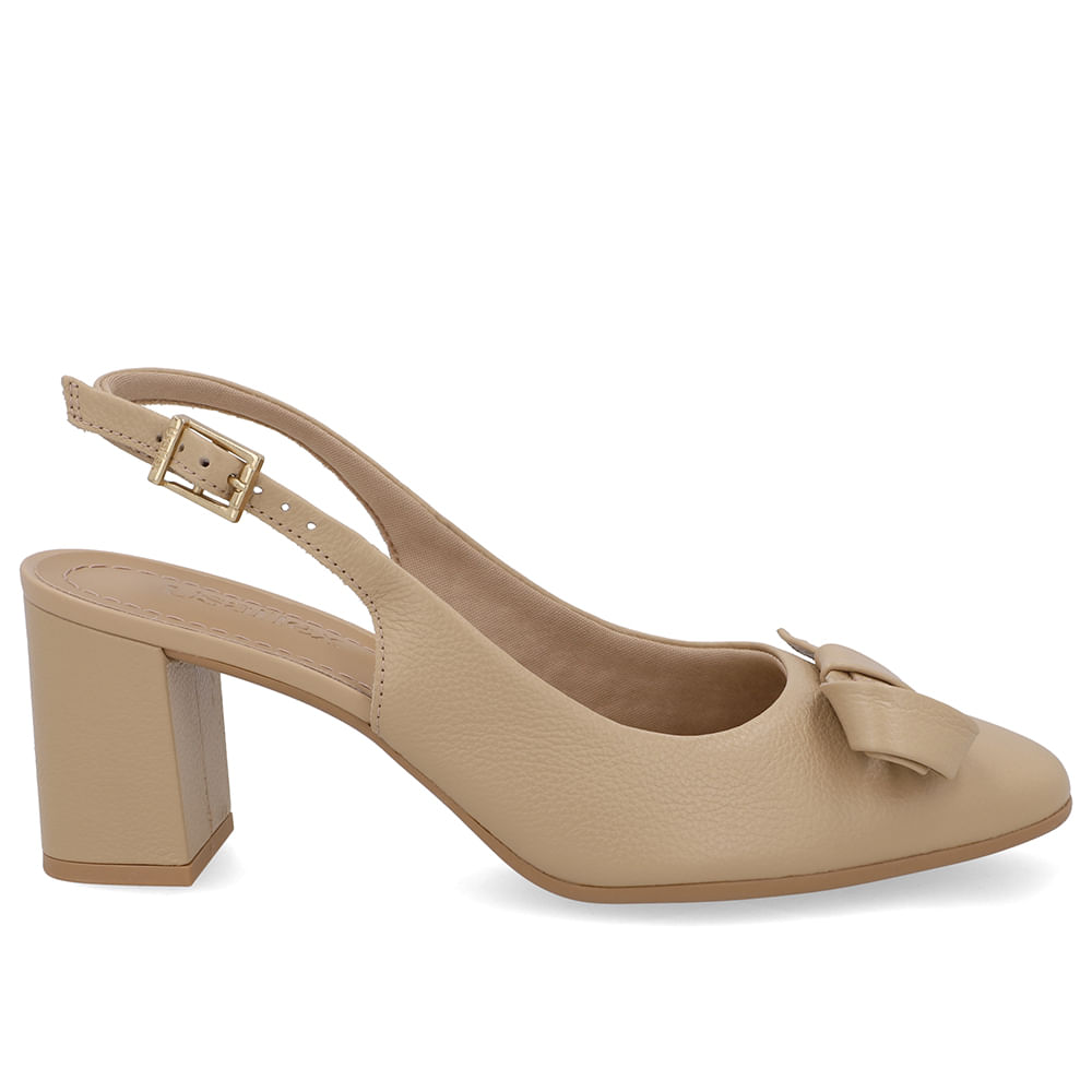 Slingback Couro Bege Bico Redondo