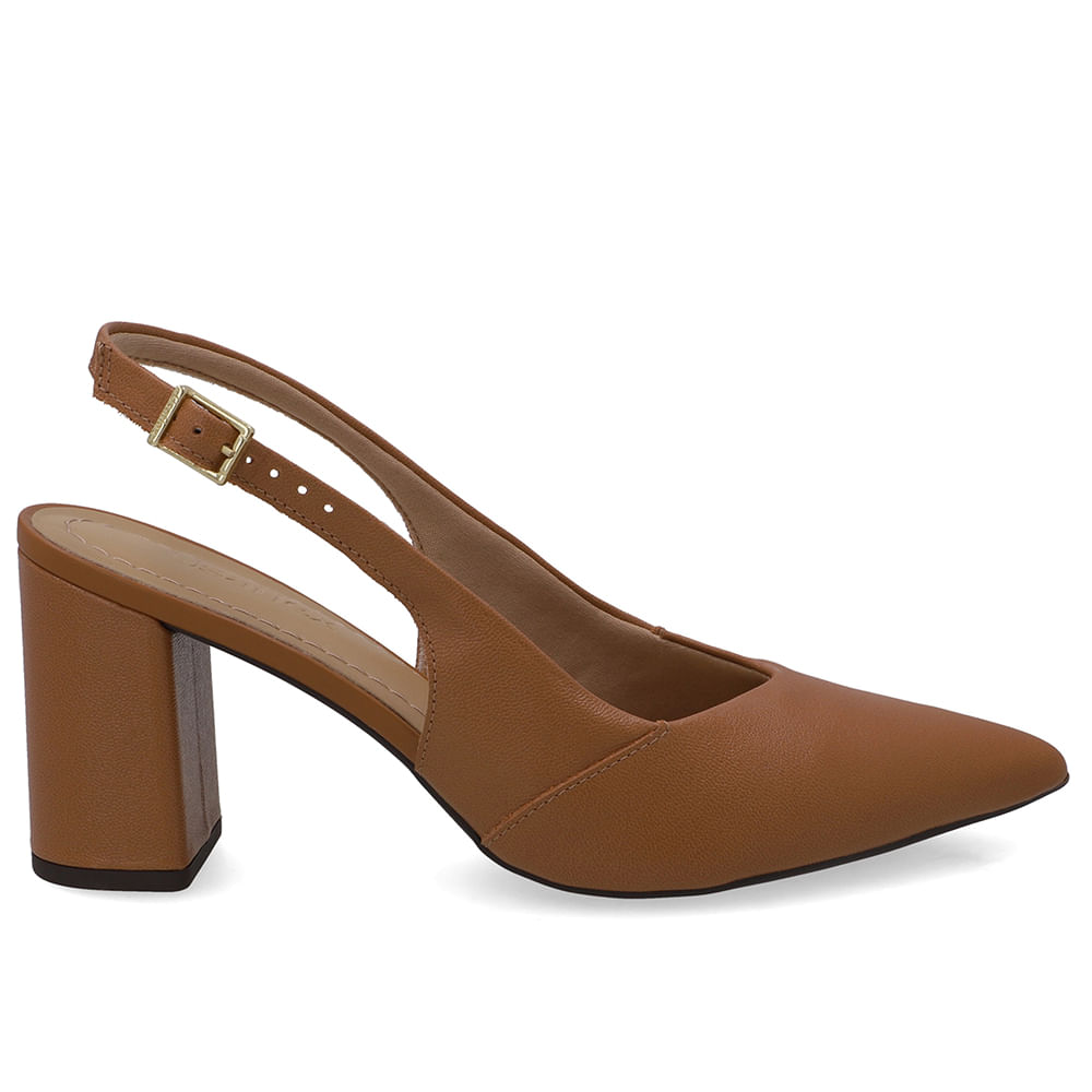 Slingback Salto Bloco Em Couro Marrom Com Bico Fino