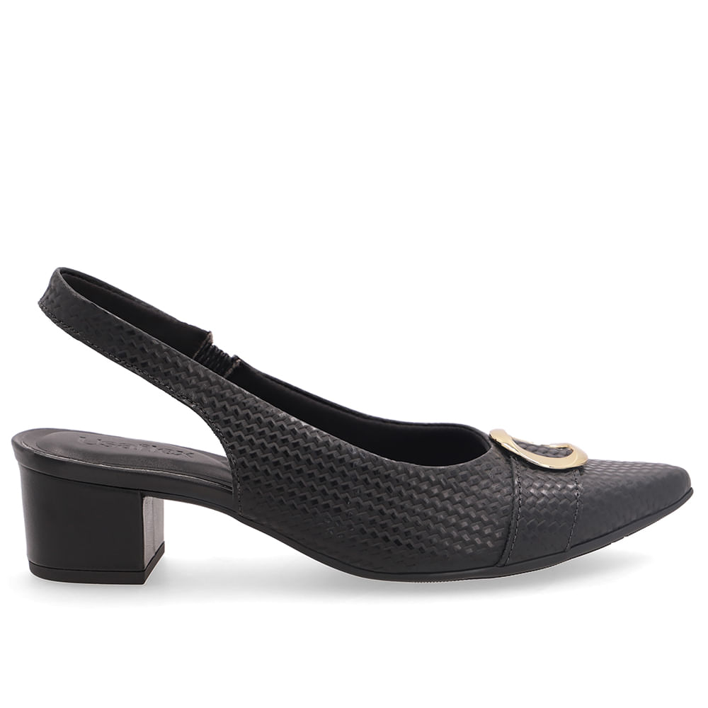 Slingback Couro Preto Salto Bloco Com Textura Tressê