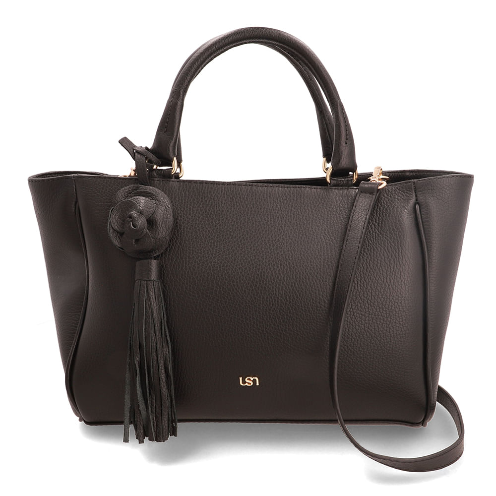 Bolsa Tote Couro Preta Com Charm Flor
