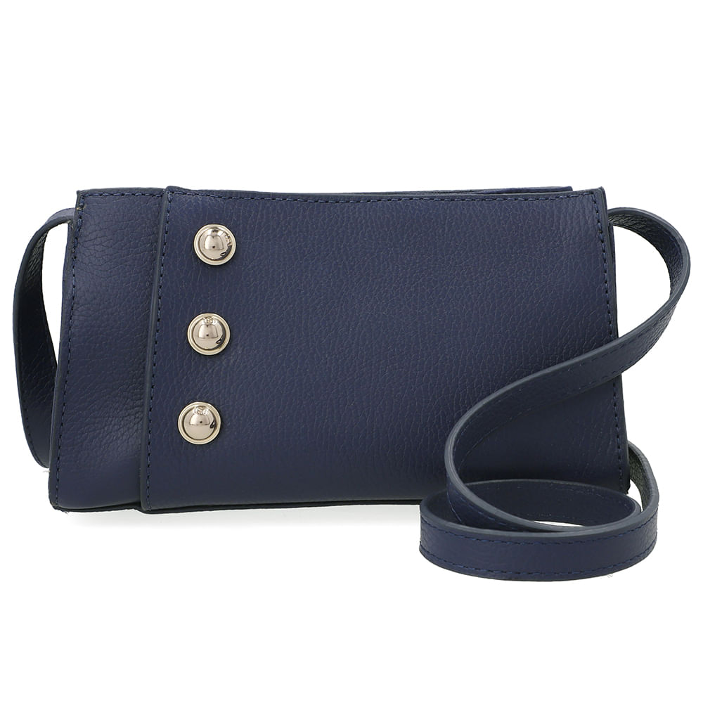 Bolsa Tiracolo Couro Azul Com Enfeite Botão