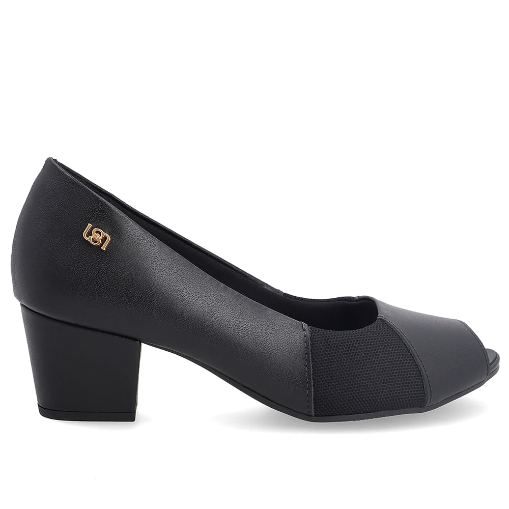 Peep Toe Em Couro E Tecido Preto Com Salto Bloco
